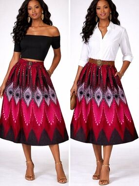 Handmade Ankara Statement Skirt Red Pink Black Bold Print Maxi Pockets Medium